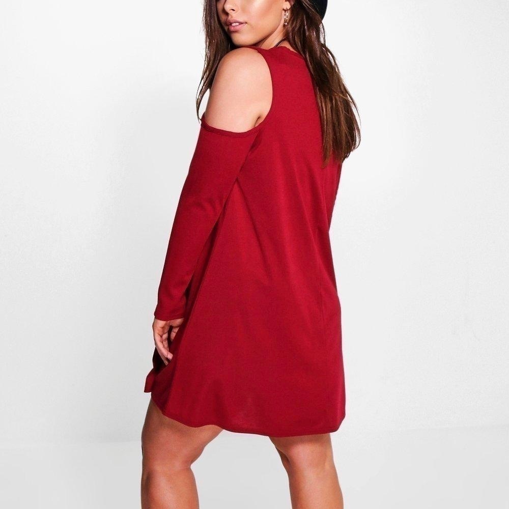 Women’s Red Cold Shoulder Long Sleeve Swing Dress by Fuerfits, Size Small